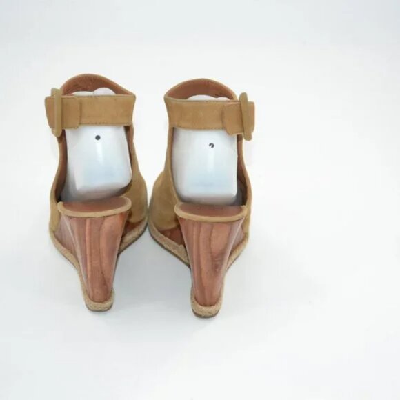 Tory Burch Tan Suede Leather Open Peep Toe Wood Wedge Slingback Heels Sandals 8 - Picture 10 of 14